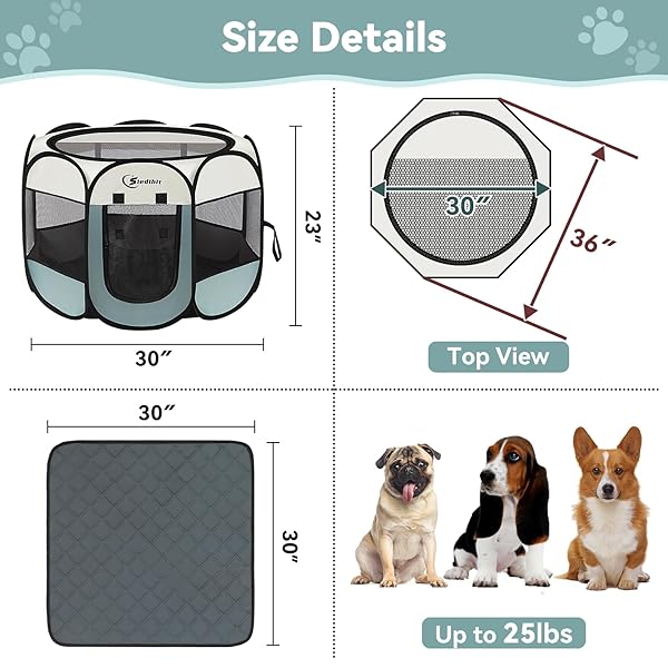 SIEDIHIT MEDIUM DOG CAT PLAYPEN, PUPPY PET PLAYPEN INDOOR FOR DOG CRATE TENT CAGE OUTDOOR, PORTABLE POP UP DOGS ENCLOSURE KENNEL WITH CARRYING CASE FOR DOGS/CATS/RABBITS (GREY WITH PAD, MEDIUM)