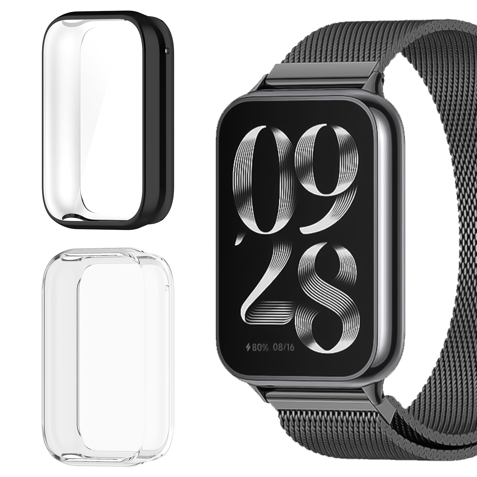 SeNool [2 Pack Soft TPU Protective Case Compatible with Xiaomi Smart Band 8 Pro, Full Around Protection Cover, TPU with Screen Protector Cover Case for Xiaomi Mi Band 8 Pro - Black+Transparent