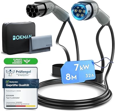 bokman Type 2 EV Charging Cable 32A 7.2KW 8m Mode 3 1 Phase Type 2 to Type 2