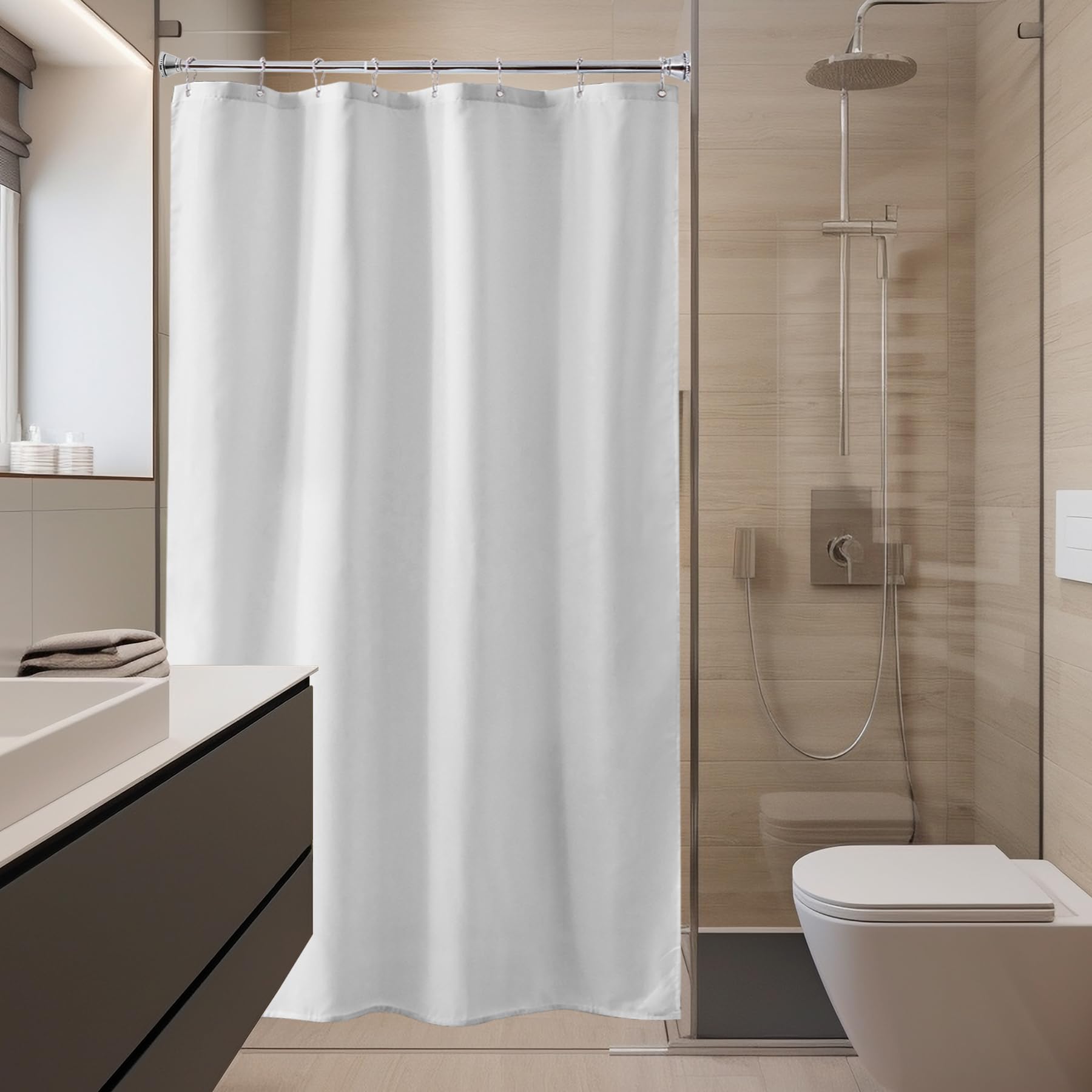 Photo 1 of Amazer Small Stall Shower Curtain Liner Washable, 48x72 Inches, Fabric Shower Liner with 2 Bottom Stones, Narrow Waterproof RV Shower Curtain Liner, 8 Grommet Holes, Hotel Quality, White