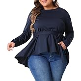 Agnes Orinda Plus Size Tops for Women Crew Neck High Low Asymmetrical Irregular Hem Casual Blouse Shirt with Belt