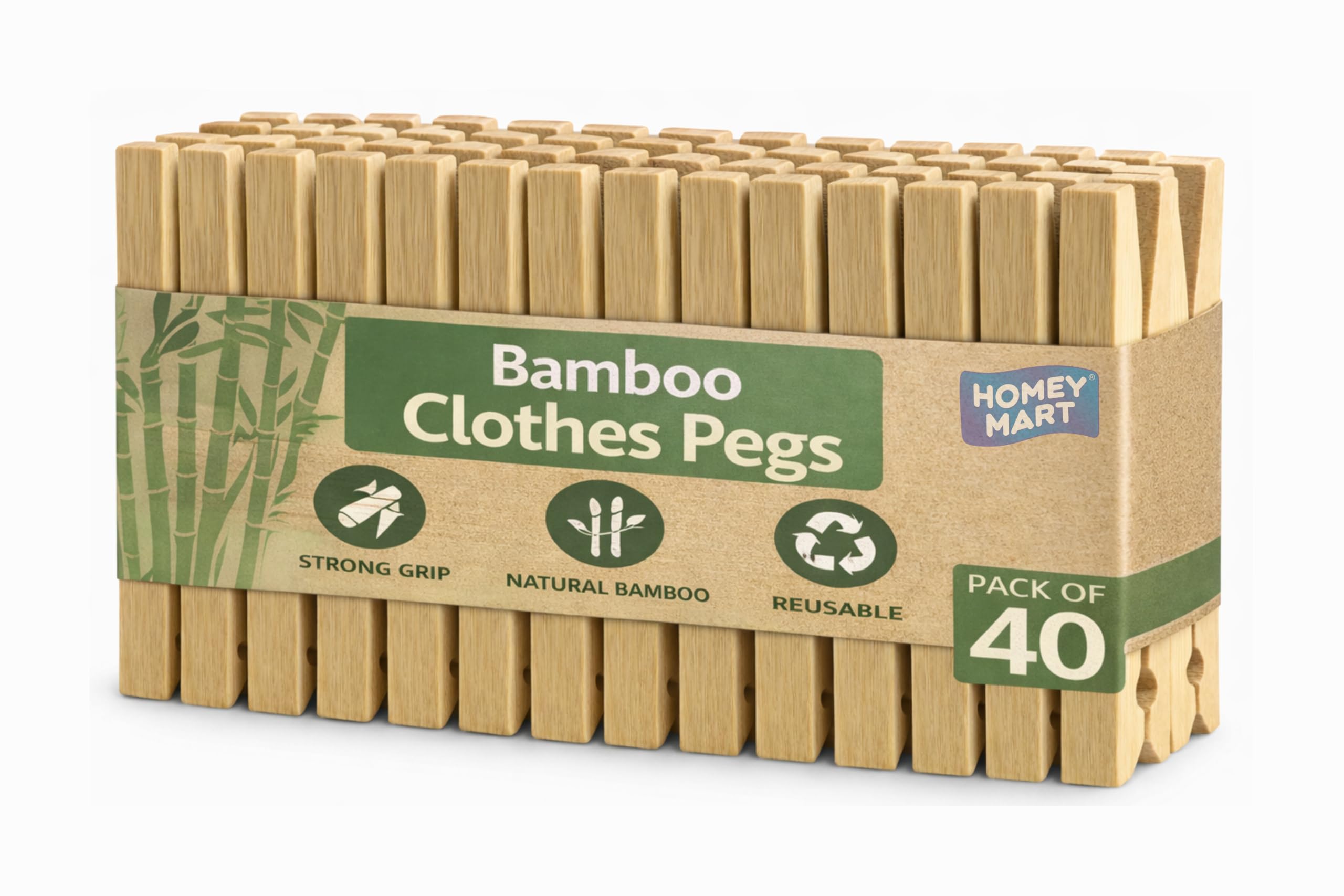 Bamboo Clothes Pegs Pack of 40 – Strong Wooden Laundry Pegs with Steel Spring | Large Bamboo Pegs for Washing Line, Hanging Photos, Crafts & Home Use | Durable Eco-Friendly Washing Line Pegs