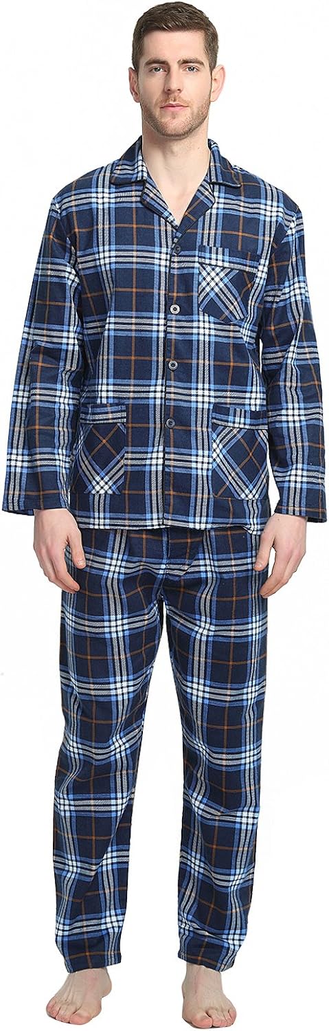 GLOBAL Mens Flannel Pajamas, 2-Piece Warm Pj Set at  Men’s Clothing store