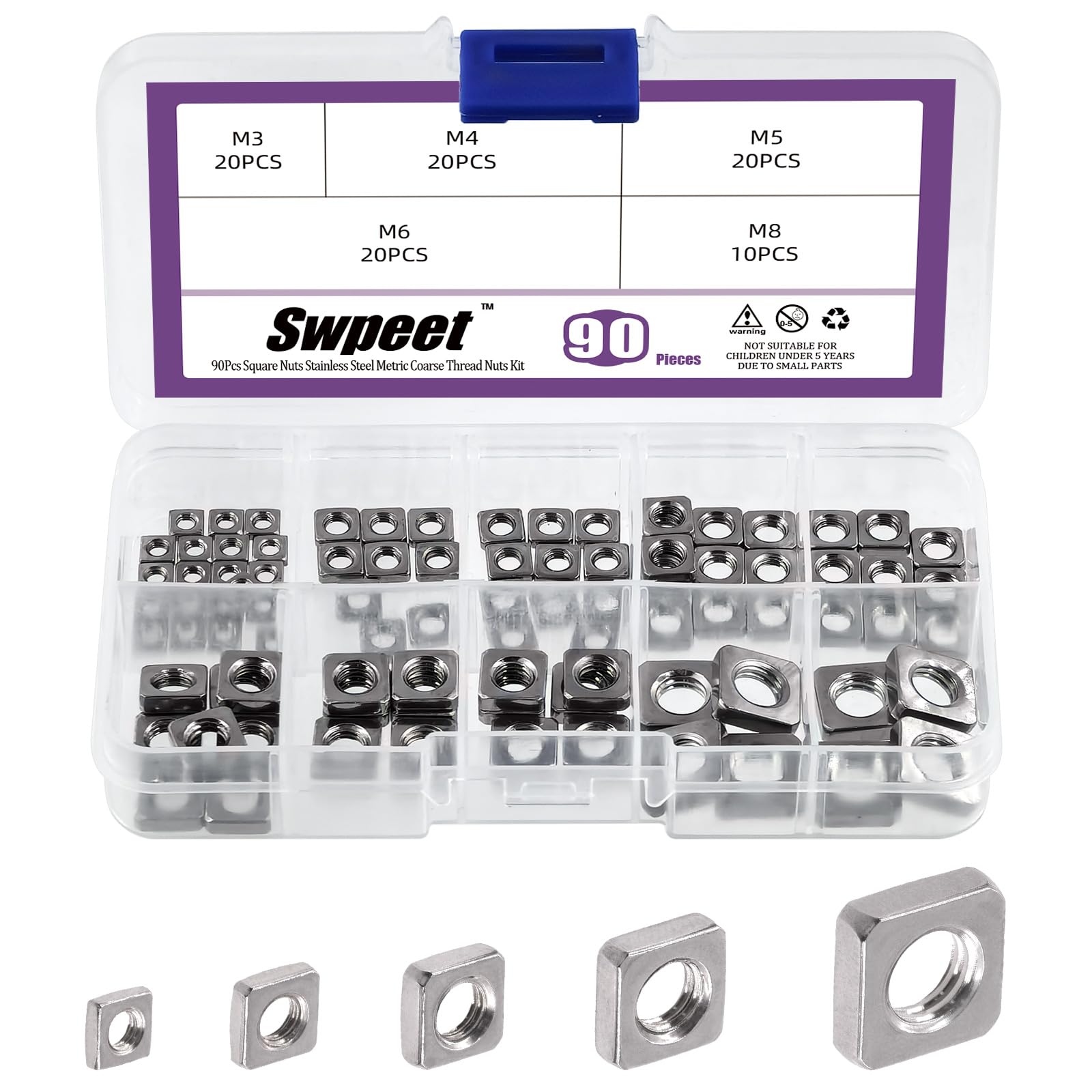 Swpeet 90Pcs 5 Sizes M3 M4 M5 M6 M8 304 Stainless Steel Metric Coarse Thread Square Nuts Assortment Kit, Machine Screw Nuts Metric Coarse Thread for Home Automotive Shop Use