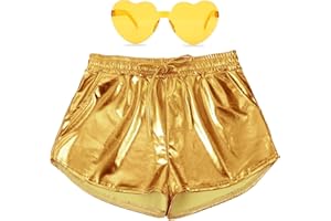 PARTTELY Metallic Shorts for Women Drawstring Shiny Hot Short Sparkly Rave Party Pants with Holographic Fanny Pack Sunglasses