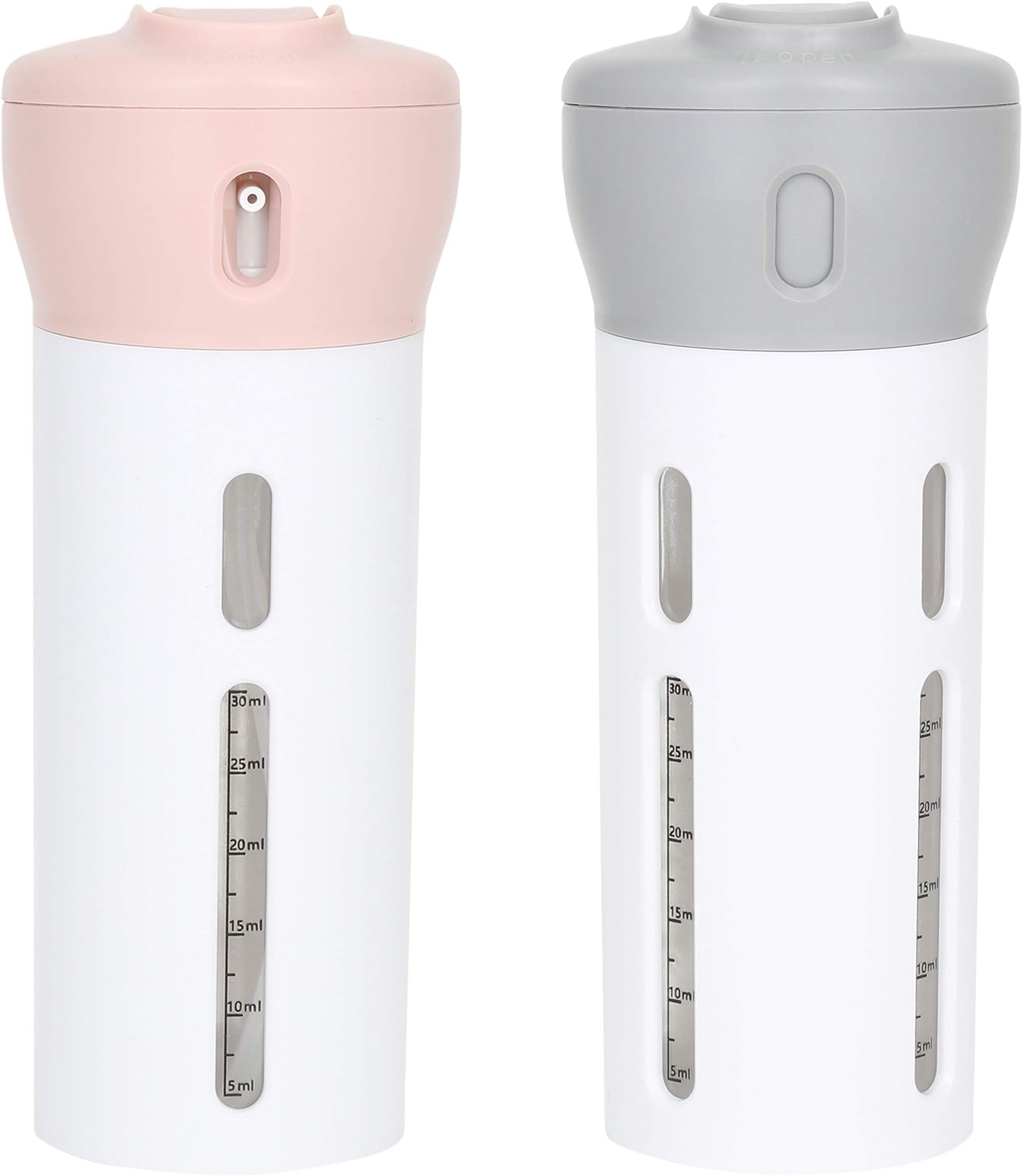 Travigo 2 Pieces 4-in-1 Travel Bottle Set, Dispenser, Includes Four 40 mL Cosmetic Toiletry Containers for Shampoo, Lotions, Skincare, Makeup Products (Gray and Pink 2-PC SET)