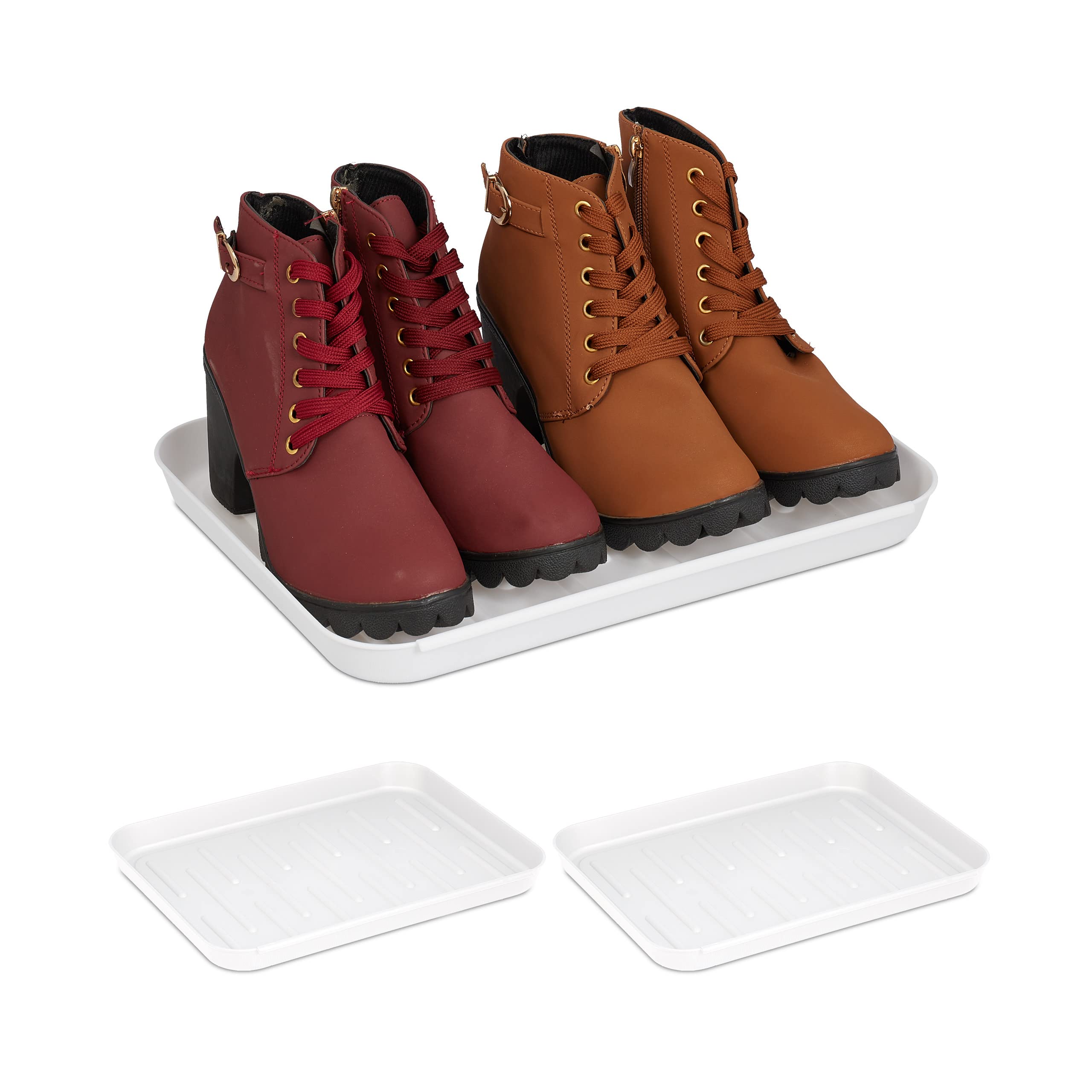 Relaxdays Shoe Trays, Set of 3, Hallway Storage for Muddy or Wet Boots, Wellies & Trainers, 35 x 27 cm, Plastic, White