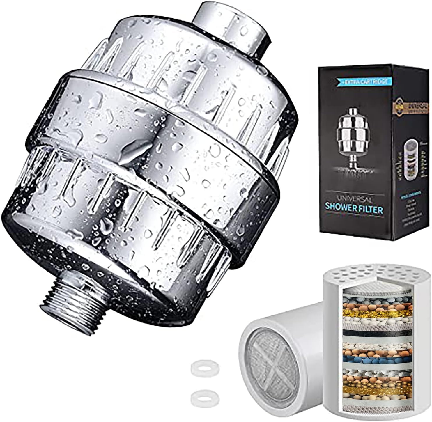 Dogfish Shower Filter for Hard Water, Water Softener Shower Head Filter with 2 Replaceable Multi-Stage Filter Cartridges, Universal Limescale Filter Shower for Removing Chloride, Heavy Metals