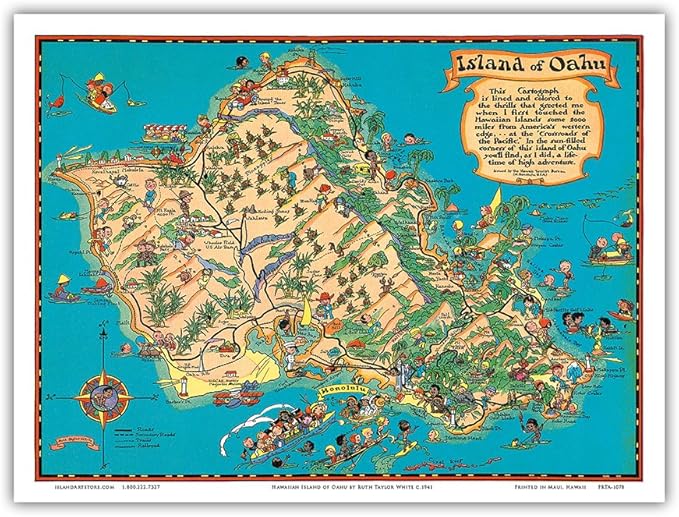 Amazon Co Jp ハワイ オアフ島地図 ビンテージなハワイアンカラーの地図製作のマップ によって作成された ルース テイラー ホワイト C 1941 アートポスター 23cm X 31cm ホーム キッチン