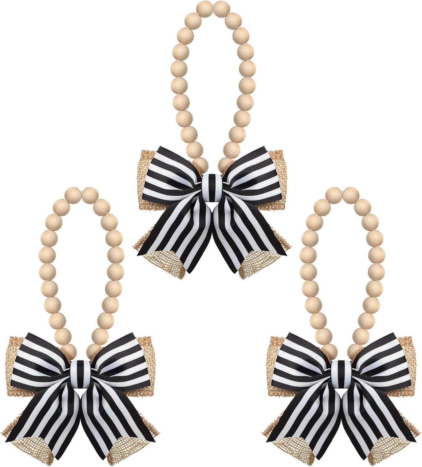 Bows & Ribbons - 3 Pieces Double-Layered Wreath Bows with Wood Beads Garland, Black and White Stripes Hanging Bows Rustic Burlap Bows with Wooden Bead Decor for Christmas Tress Holiday Farmhouse Home Wall Decoration
