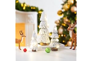 TIME APPIS Small Snow Christmas Tree with Lights, Mini Christmas Tree Table Top Decorations, Desktop Miniature Pine Tree Xmas Holiday Decor, 3 Pcs White Christmas Decorations Indoor