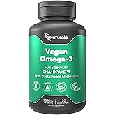 Naturalis Vegan Omega 3 DHA, EPA & DPA from Algae | Vegan Society Certified, Sustainably Sourced, True Full Spectrum | 120 Veggie Softgels (Carrageenan Free)