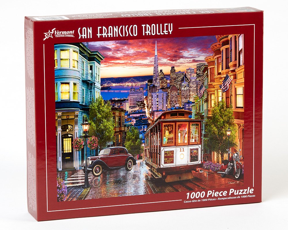 Vermont Christmas Company San Francisco Trolley Jigsaw Puzzle 1000 Piece - Family Time Jigsaw Puzzles for Adults with Large & Random Shaped Pieces - Display-Ready Fully Interlocking Puzzle (30”x24”)