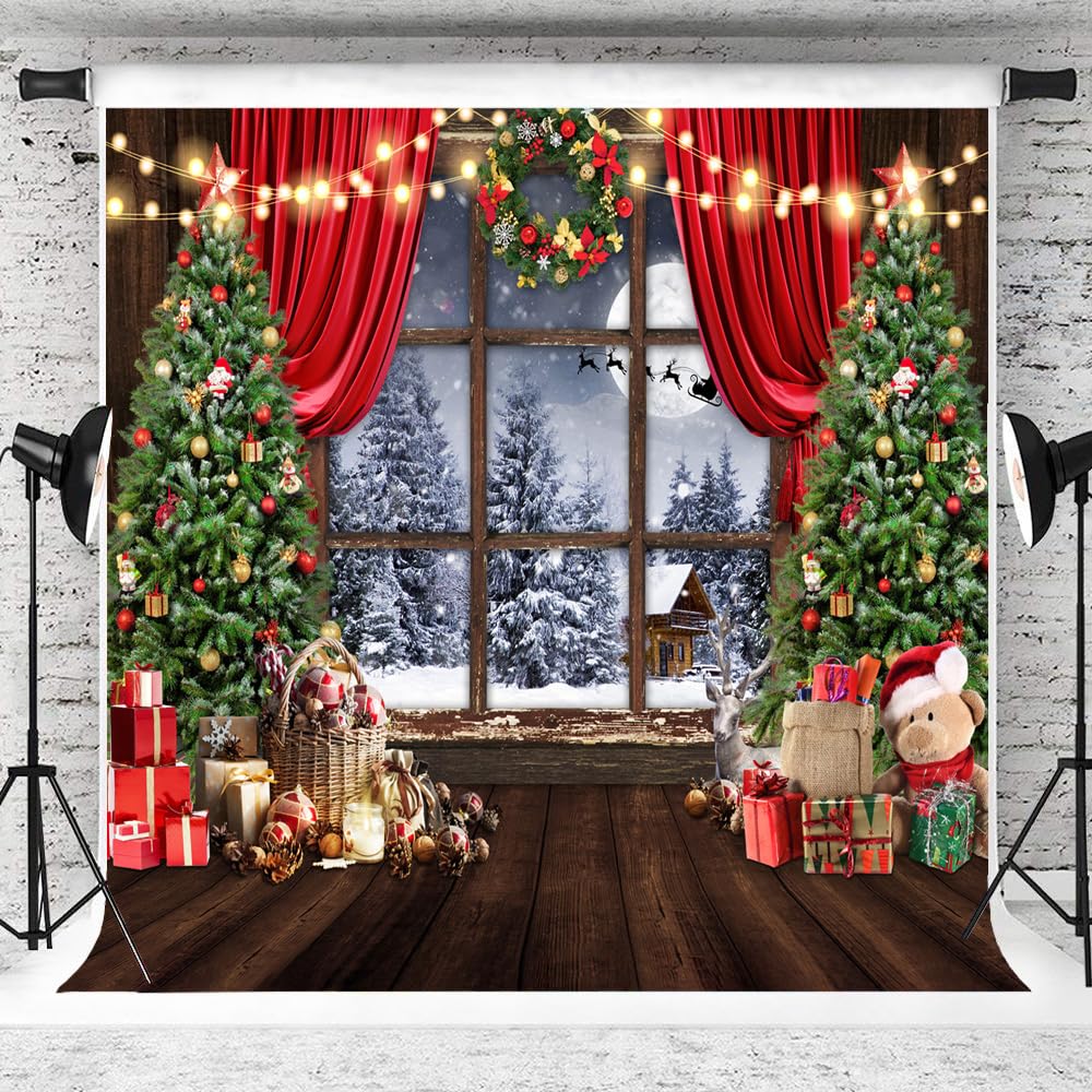 AIIKES 10x10ft Christmas Backdrop Winter Christmas Window Photography Backdrop 12-636