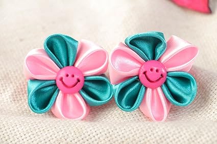 Amazon Com Set Of Handmade Kanzashi Ribbon Flower Hair Ties 2