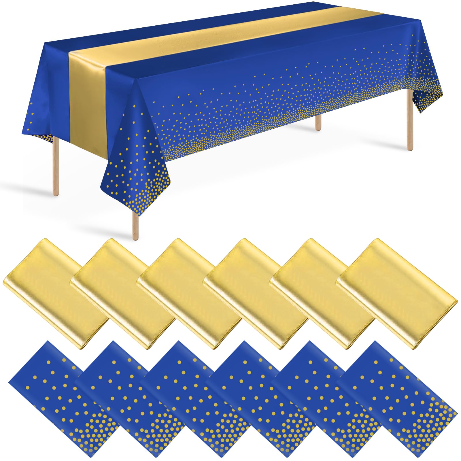 Photo 1 of 12 Pack Blue and Gold Tablecloth and Table Runner Party Decorations, Royal Blue and Gold Plastic Disposable Tablecloth and Satin Table Runner for Wedding Birthday Bridal Graduation Anniversary Party