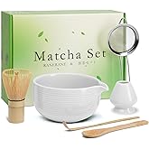 Matcha Whisk Set, Ceramic Matcha Set Includes Matcha Bowl, Matcha Whisk (Chasen) and Holder, Sifter, Bamboo Scoop & Spoon - 6 Pcs Matcha Kit for Matcha Lovers White