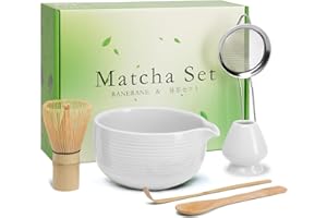 RANERANE Matcha Whisk Set Matcha Bowl with Spout,Matcha Whisk with Matcha Whisk Holder,Matcha Sifter,Matcha Spoon and Scoop for Matcha Maker White
