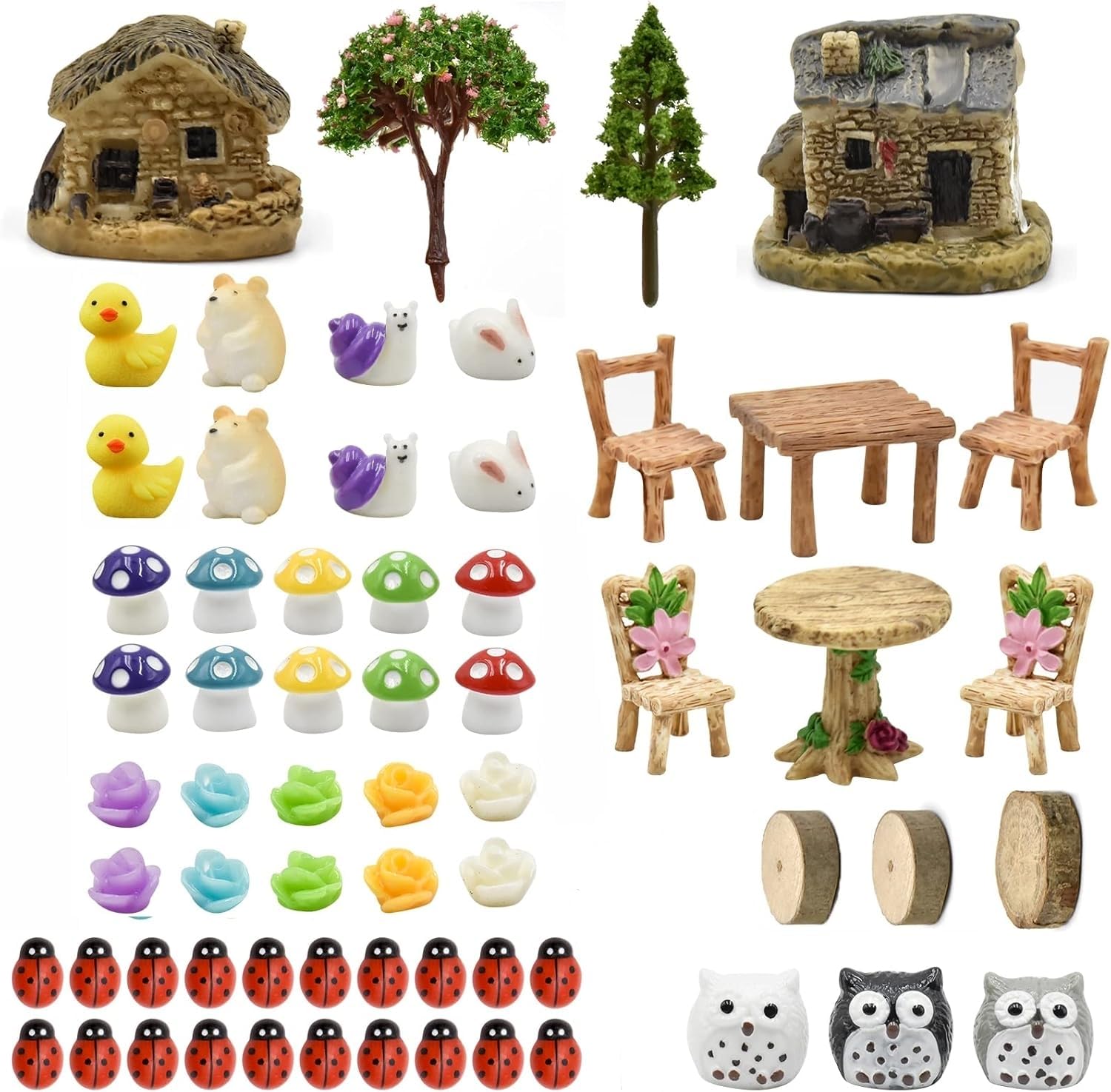 LALASTYLE 64 Pieces Miniature Fairy Garden Accessories Mini Animals Miniature Ornament Kit Outdoor Figurine Mushroom House Resin Ladybug Owl Dwelling for Dollhouse Decoration Plant House Decor
