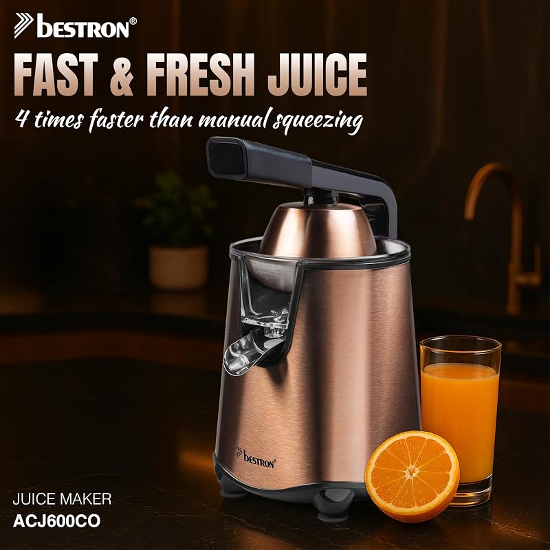 Spremiagrumi elettrico, spremiagrumi con funzione di arresto e filtro polpa in acciaio inox, con 2 coni, capacità 450 ml, leva soft pressa per un facile utilizzo, colore: rame