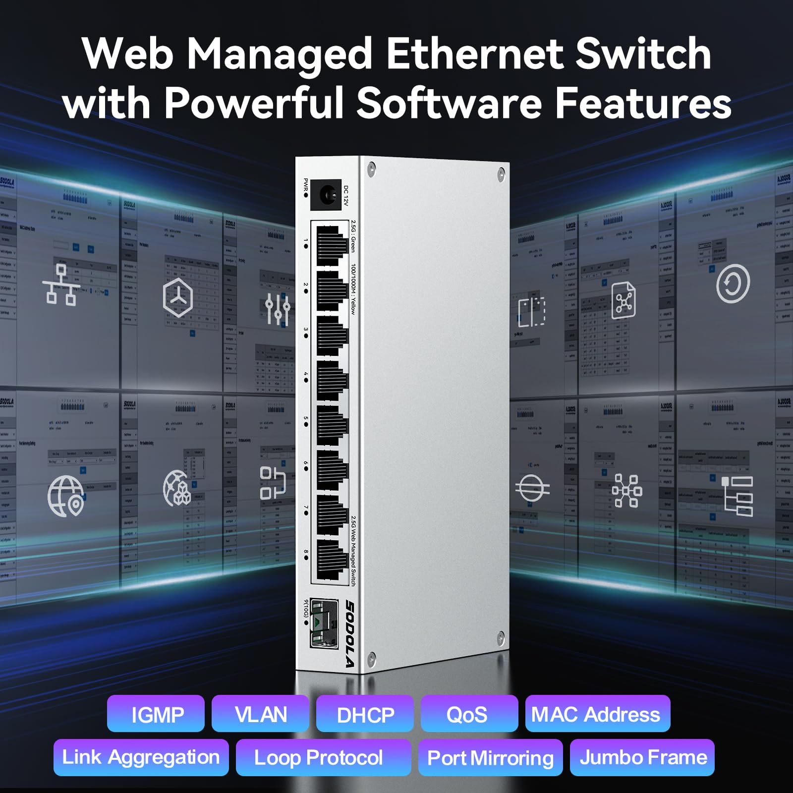 SODOLA 8-Port 2,5Gb Web Managed Switch mit 10G SFP+, Aluminium-Kühlung & Magnetfüßen – LACP/QoS/VLAN/IGMP Verwaltbarer Multi-Gigabit Switch für Homelab & Professionelle Netzwerke 4