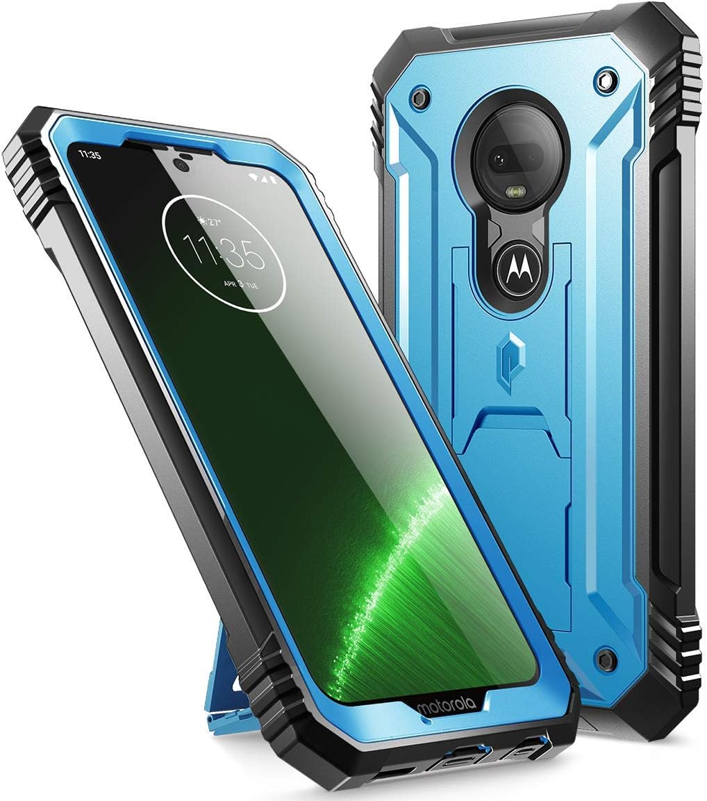 Moto G7 Rugged Case with Kickstand, Poetic Full-Body Dual-Layer Shockproof Protective Cover, Built-in-Screen Protector, Revolution Series, DO NOT FIT Moto G7 Power Or Moto G7 Play, Blue