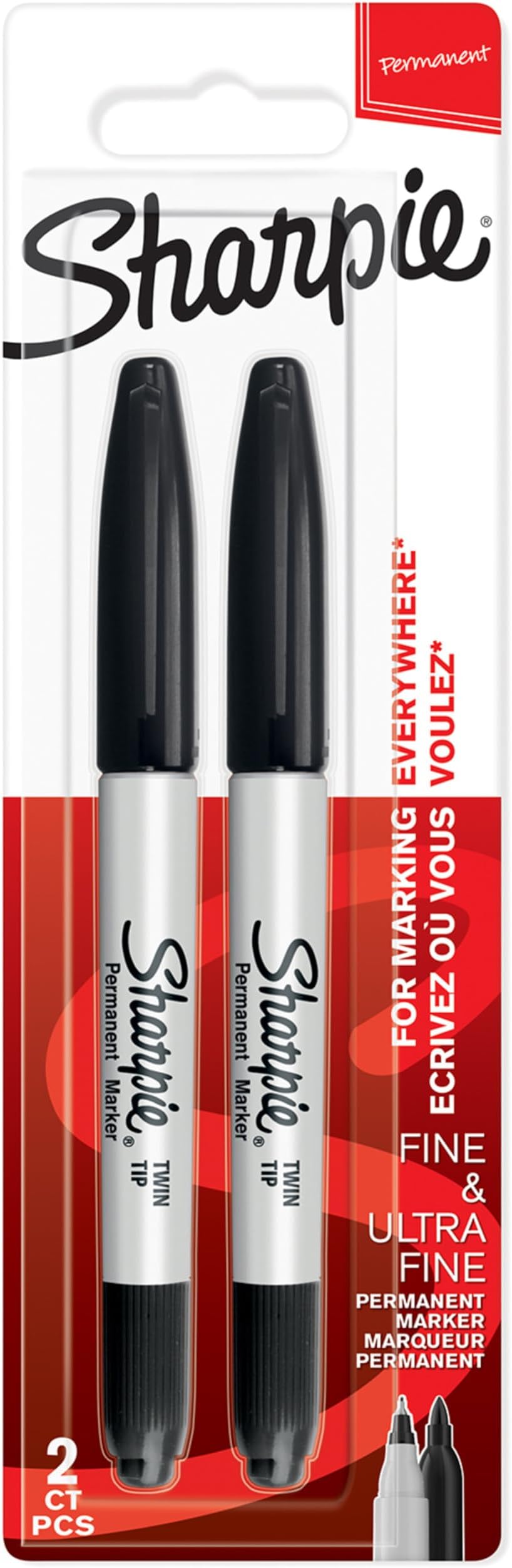 Sharpie Twin Tip Permanent Markers Black Ink 2 Markers Fine & Ultra-Fine