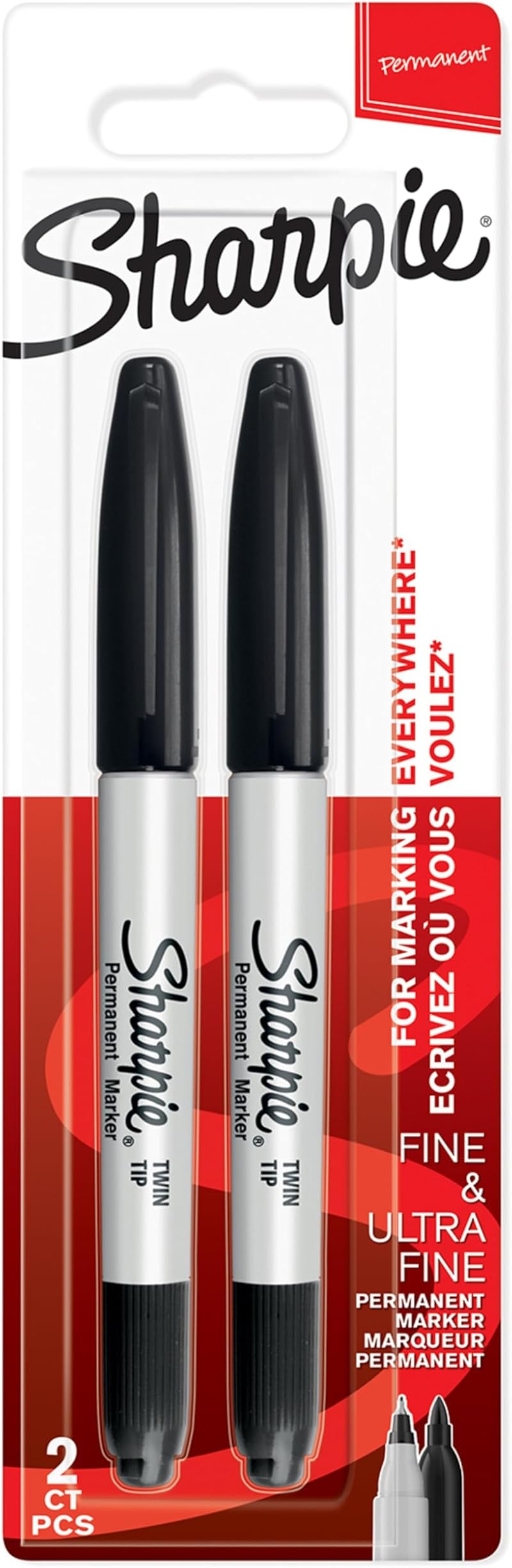 Sharpie Twin Tip Permanent Markers Black Ink 2 Markers Fine & Ultra-Fine