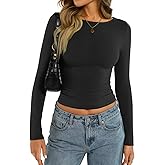 EasyGala Womens Cotton Boat Neck Long Sleeve Shirts Basic Going Out Stretchy Slim Fit Y2k Crop Tops