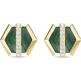 Lavari Jewelers Hexagon Shape Stud Earrings for Women with Black Onyx Malachite or Mother of Pearl and Created White Sapphire - 14k Yellow Gold Plated 925 Sterling Silver Earrings - Push Back Studs