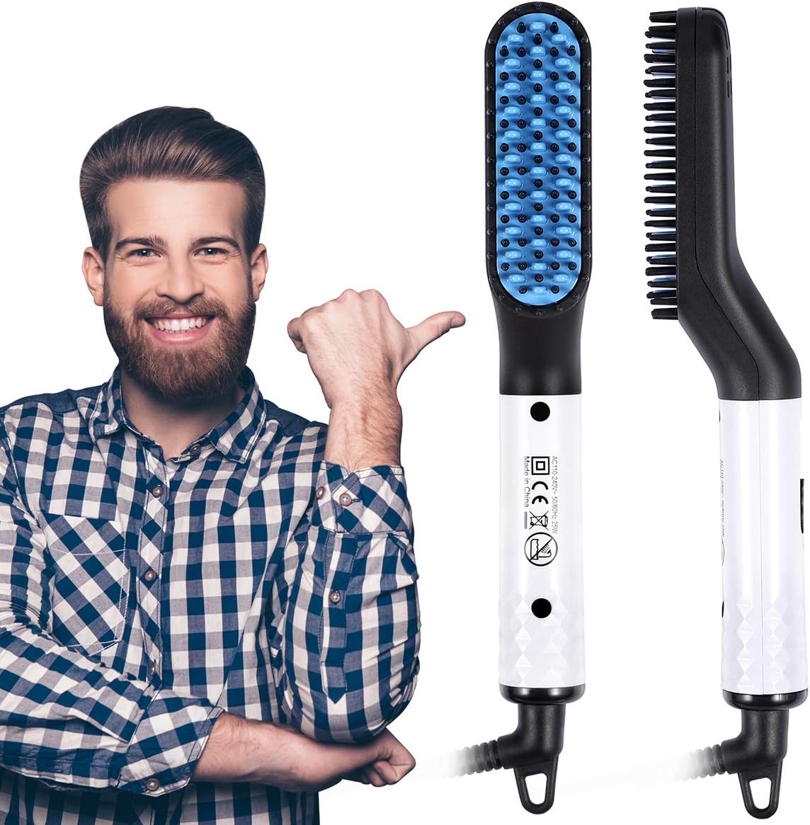 Beard Straightener- USA Designed 2019 Beard Straightening Comb for Men- Electric Ionic Faster Quick Heated Brush Universal Voltage Portable Travel Hair Styling Long Beard