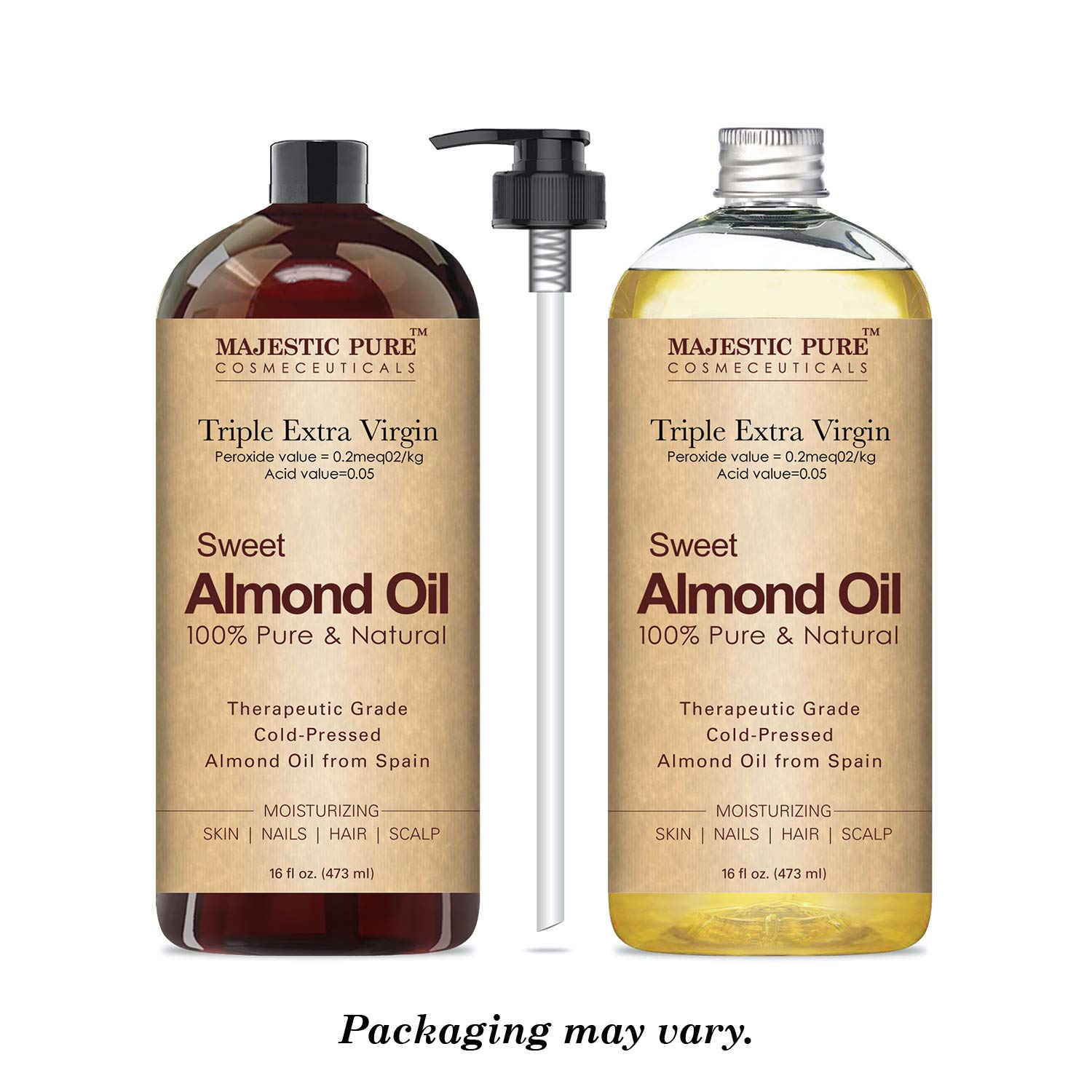 Majestic Pure Sweet Almond Oil, Triple A Grade Quality, Pure and Natural from Spain, Cold Pressed, (Packaging May Vary) - 16 fl. oz.: Beauty