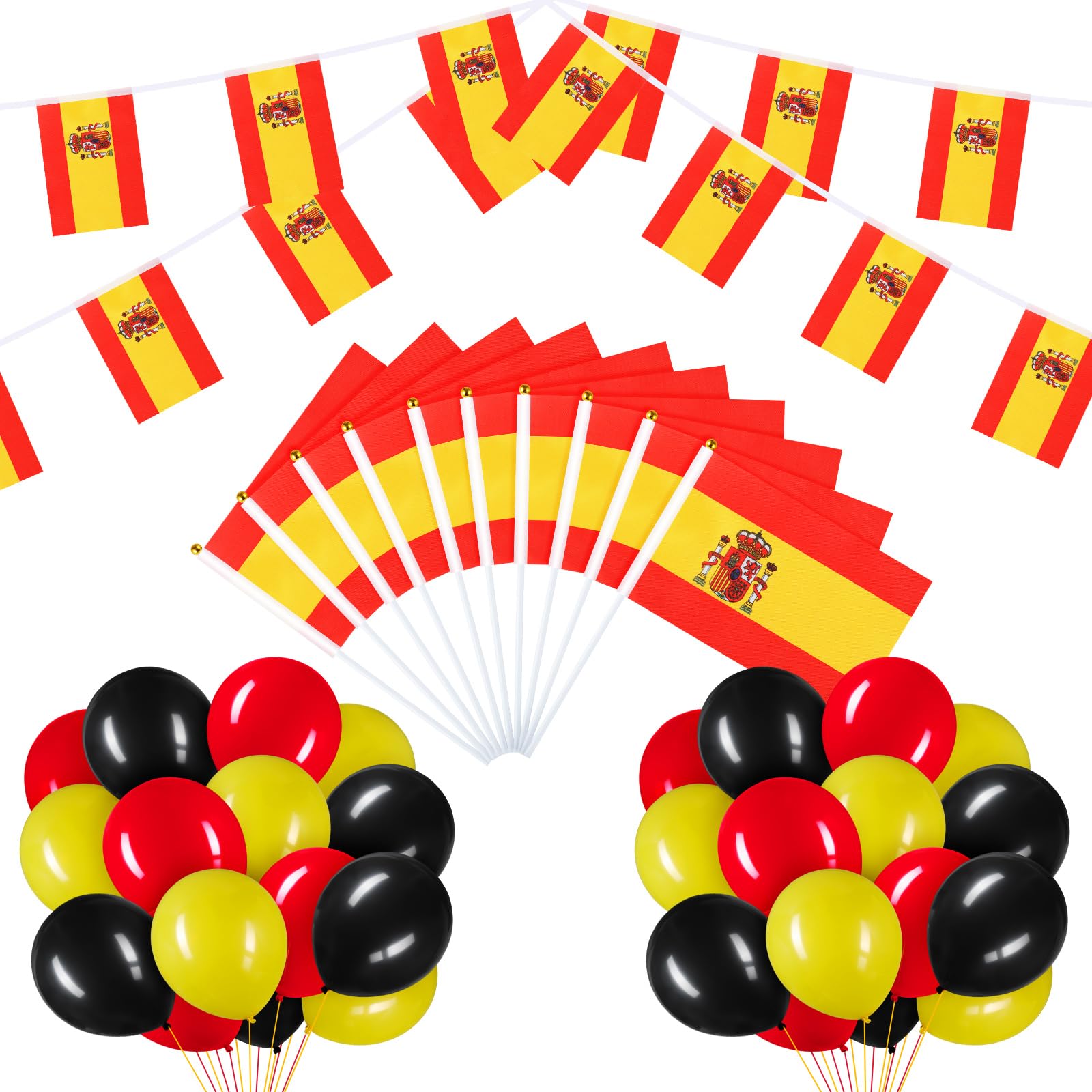 BBTO Spanish Flag Set with Bunting 10 Pcs Hand Held Small Flags 30 Pcs Party Balloons Banner Set for Spanish Day Send off Patriotic Theme Party Decoration