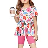 Arshiner Girls Summer Outfits Short Sleeve Ruffle Hem Top and Biker Shorts Set Girl Clothes 6-14 Years