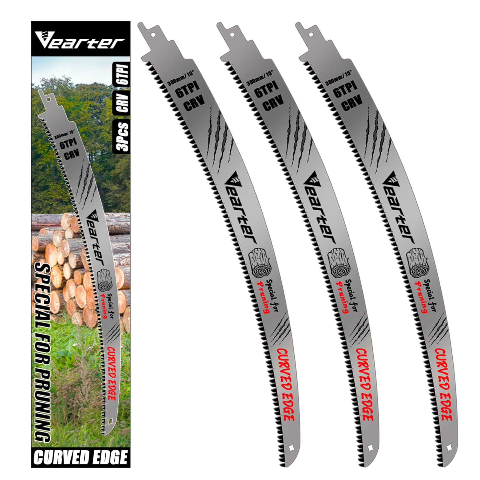 Vearter 380mm Reciprocating Saw Blades for Wood Japanese Teeth 3PCS, 6TPI Cr-V Reciprocal Saw Blades for Trees with Triple-Ground Offset Teeth Curved Edge, for Trimming and Wood Cutting