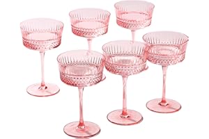 Physkoa Pink Coupe Glasses 9.3 oz Art Deco Coupe Glasses Set of 6-Crystal Martini Cocktail Glass-Vintage Cocktail Glasseware 