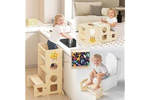 Toddler Kitchen Step Stool, 4 in 1 Foldable Learning Tower with Blackboard and Star Number Clock, Standing Step Stool Toddler