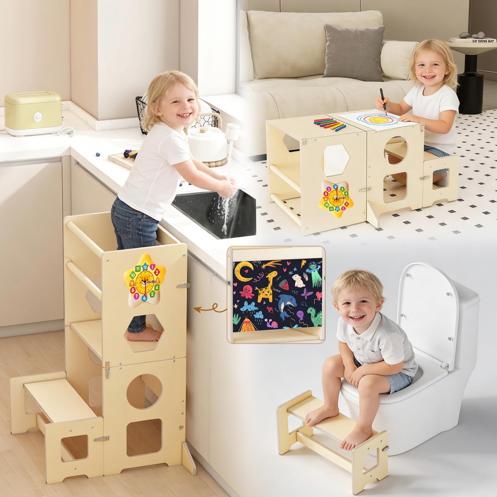 Photo 1 of Toddler Kitchen Step Stool, 4 in 1 Foldable Learning Tower with Blackboard and Star Number Clock, Standing Step Stool Toddler Tower for Bathroom Sink, Kitchen Counter