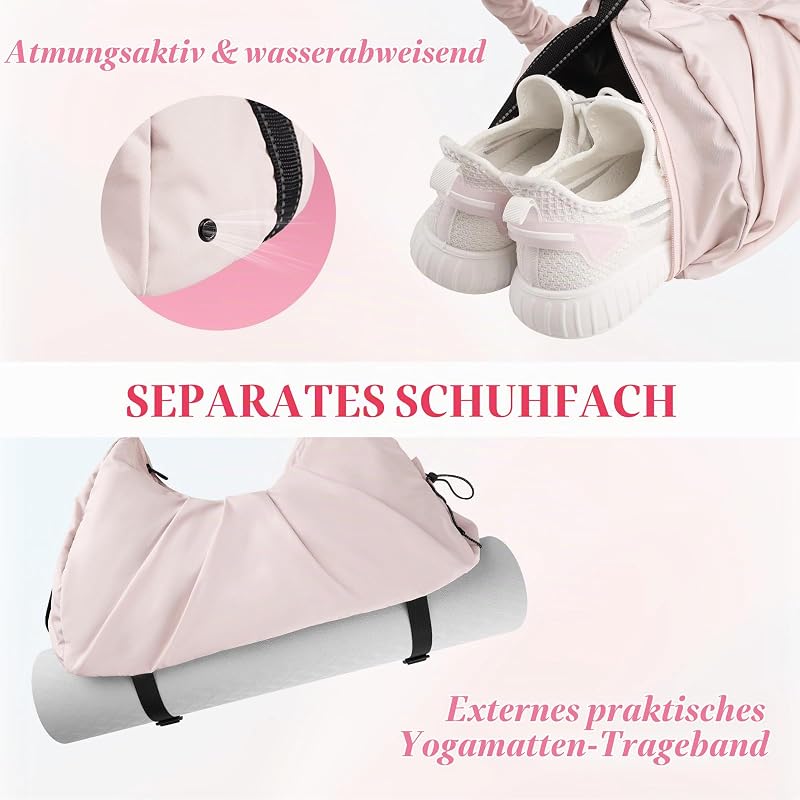Kleine Fitness-Tasche für Frauen mit Schuhfach & Nass Tasche, 16L Leichtgewicht Reise Carry-on Weekender, wasserdichte Tasche mit Yoga-Matte Halter