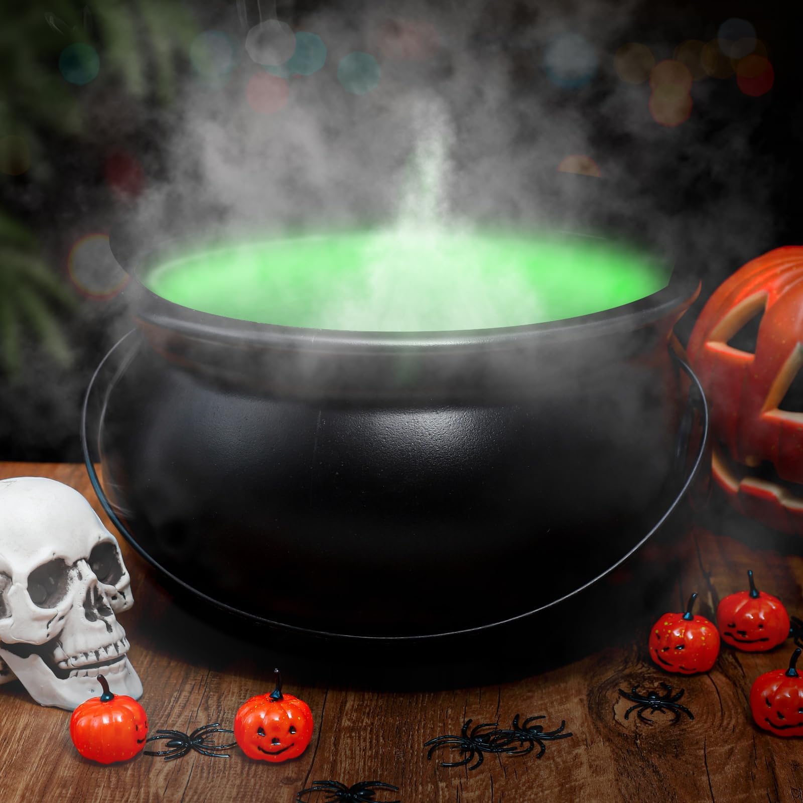 Photo 1 of Sel Natural Halloween Decorations 12" Large Witches Cauldron with Mist Maker Fogger Black Witch Cauldron Kettle Pot 12 LED Green Light Fog Maker for Holidays Parties Outdoor Decorations (Green)