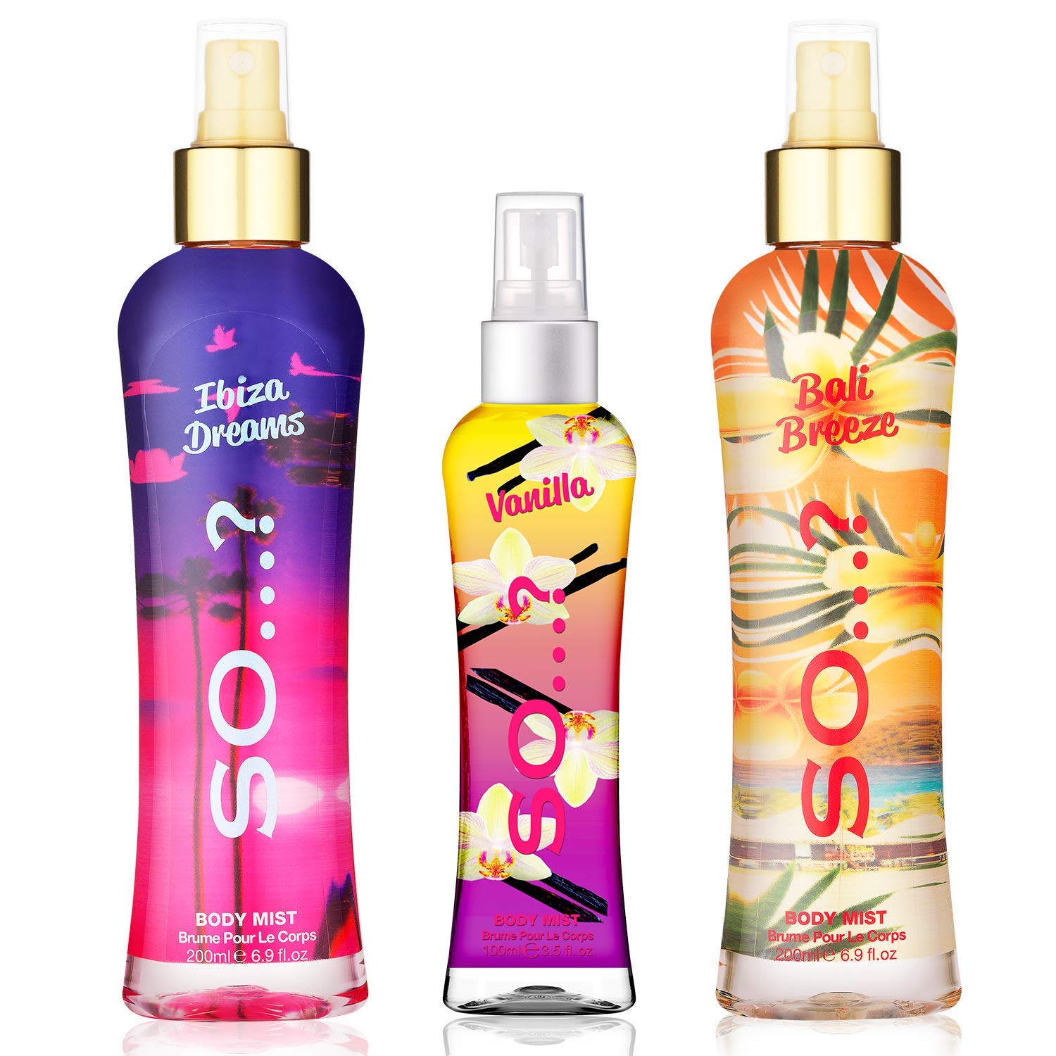Body Mist by So…? Womens Bali Breeze & Ibiza Dreams (200ml), Vanilla (100ml) Body Mist Mixed Fragrance Spray Bundle (Pack of 3)