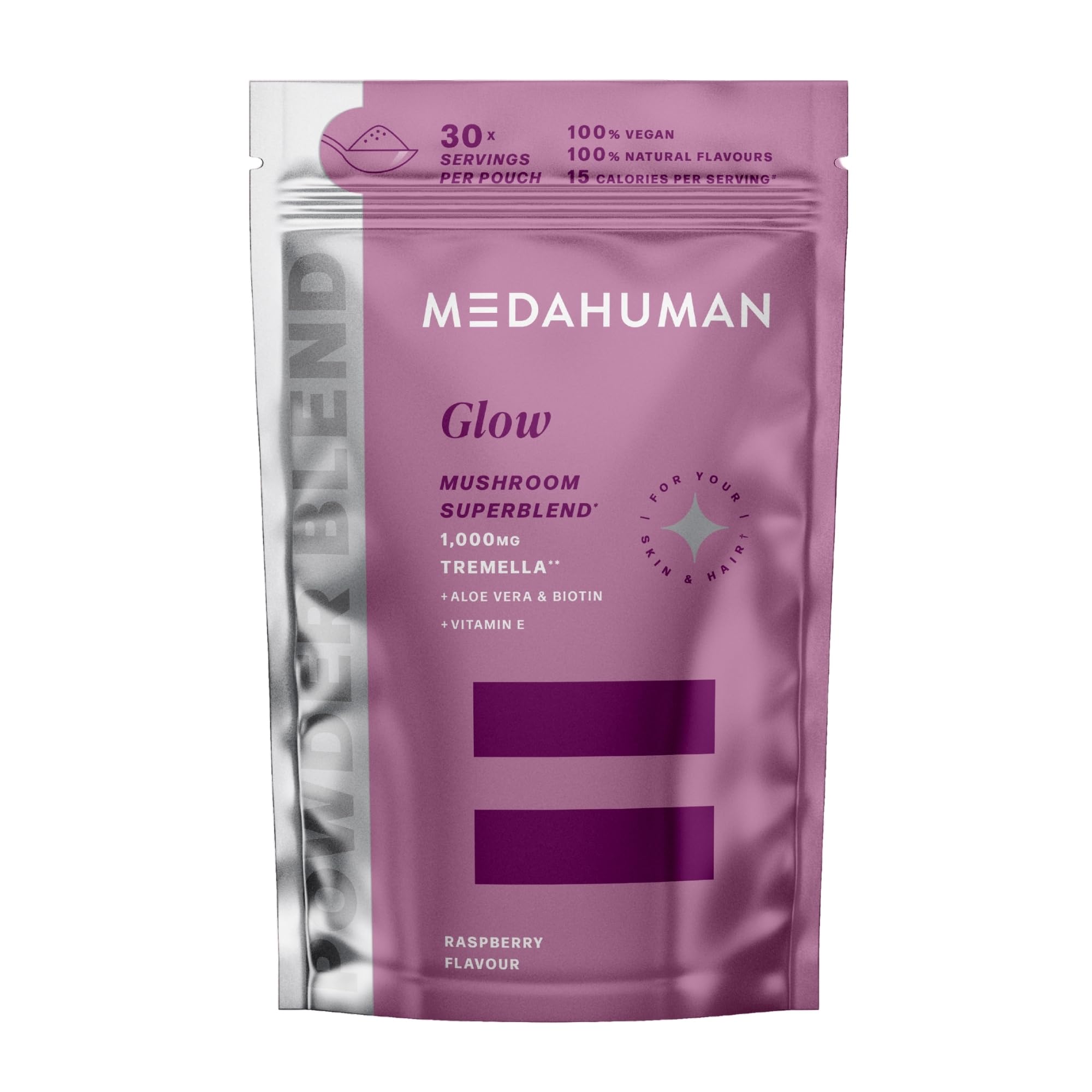 MEDAHUMAN® Glow | Tremella Mushroom Powder (30 Servings) | Adaptogen Superblend Mushroom Supplement with Biotin, Vitamin E and Aloe Vera to Promote Glowy Skin & Boost Collagen | Raspberry Flavour