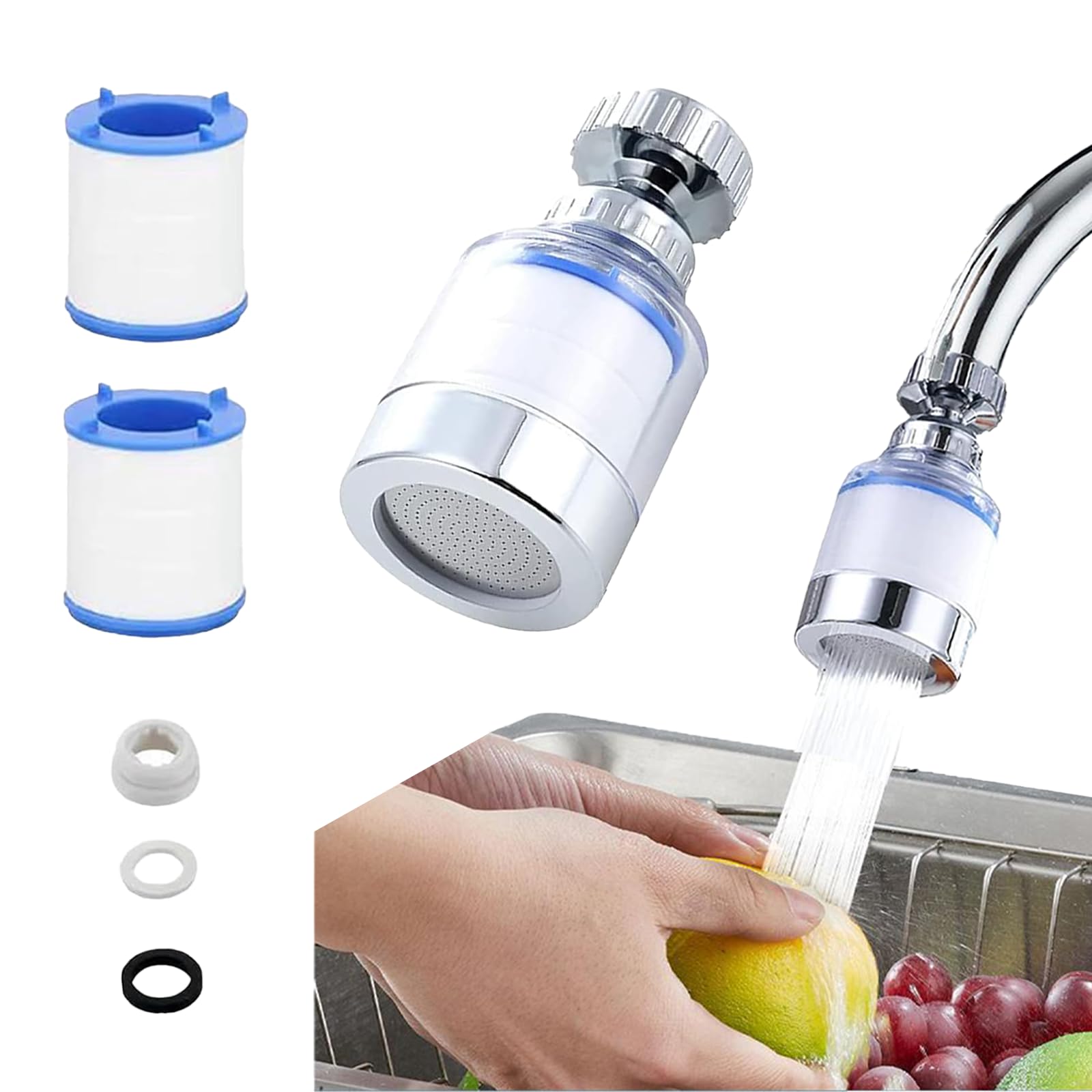 Faucet Water Filter with 2 Filter Cartridges,360 Degree Rotating Sink Tap Water Filter, Carbon Water Filtration Faucet Removes Chlorine Fluoride Heavy Metals Hard Water