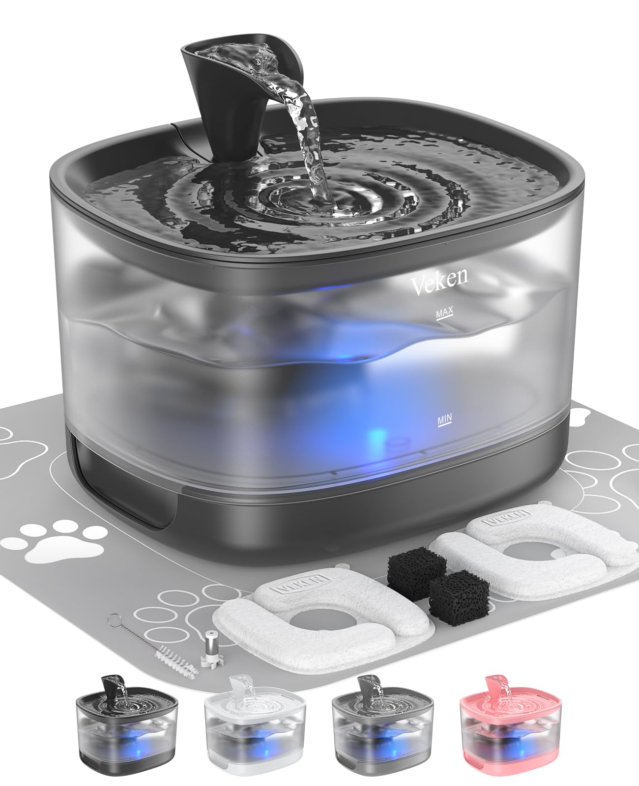 Photo 1 of Veken Cat Water Fountain with Detachable Tank, Easy to Clean & Assemble, 84oz/2.5L Automatic Pet Drinking Dispenser with Quiet Operation & LED Light for Cats, Dogs and Small Pets, Black