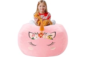 Aubliss Stuffed Animal Storage Bean Bag Chair Cover for Kids,X-Large Velvet Extra Soft Zipper Beanbag for Organizing Toddler and Kids' Rooms Plush Toys,Bean Bag Chair Cover Only,Unicorn Pink Floral