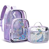 BLUEFAIRY Clear Backpack for School with Lunch Box for Kids Boys Girls Large PVC See Through Bookbag and Lunch Bag for Elementary 17 Inch Heavy Duty Transparent Bags for Stadium (Tail, Light Purple)