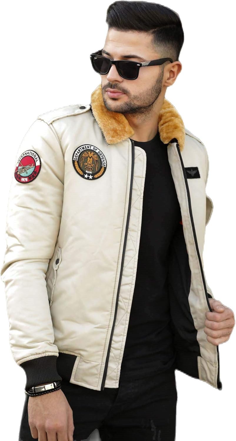 Men's Fur Collar Beige Jacket Amazon.co.uk Clothing