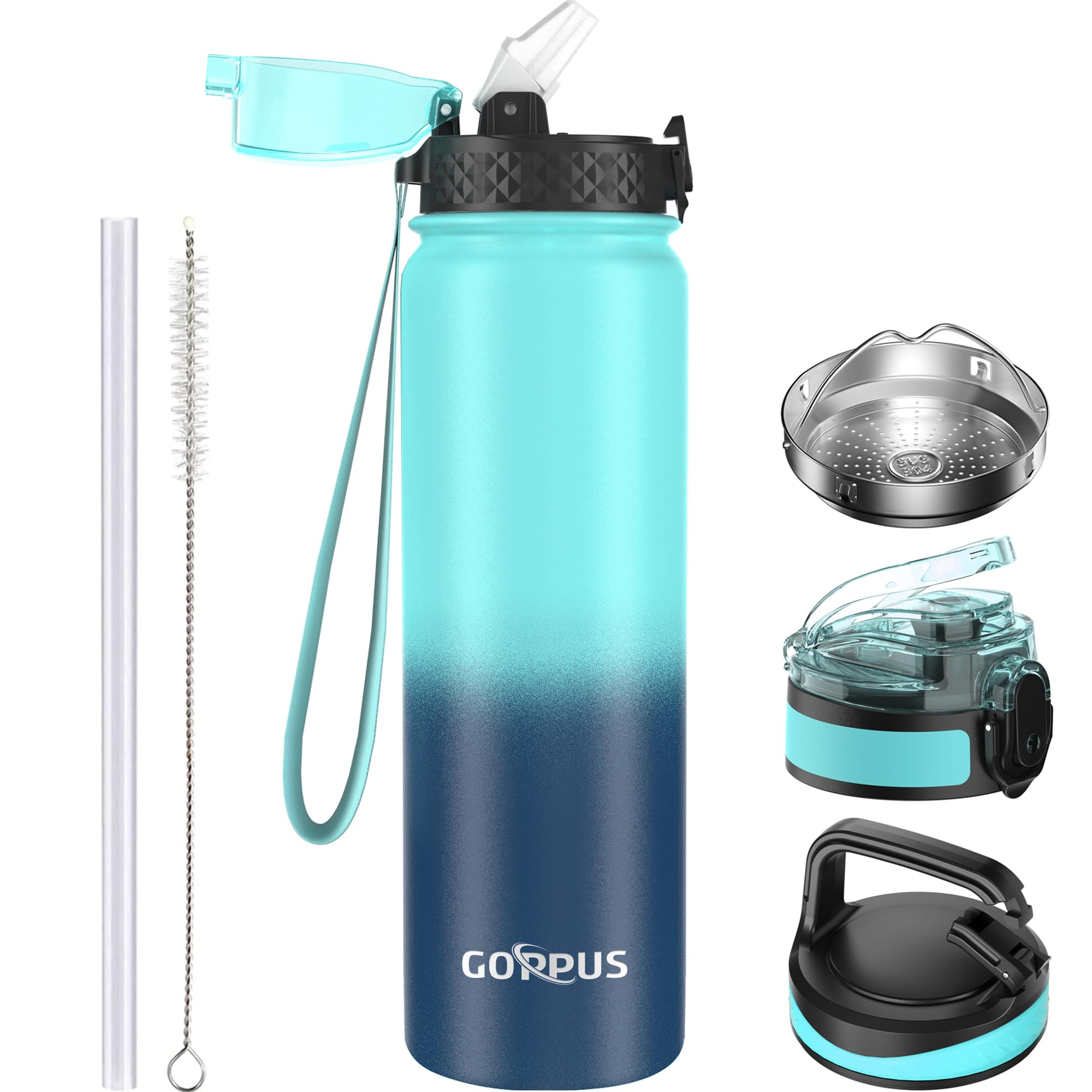 GOPPUS 1L/32oz Stainless Water Bottle with Straw Double Wall Insulated Bottles with Strap Reusable Vacuum Thermal Flask Leakproof Keep Cold Drinks Bottles with Flip Top Lid for Gym Men Women BPA Free