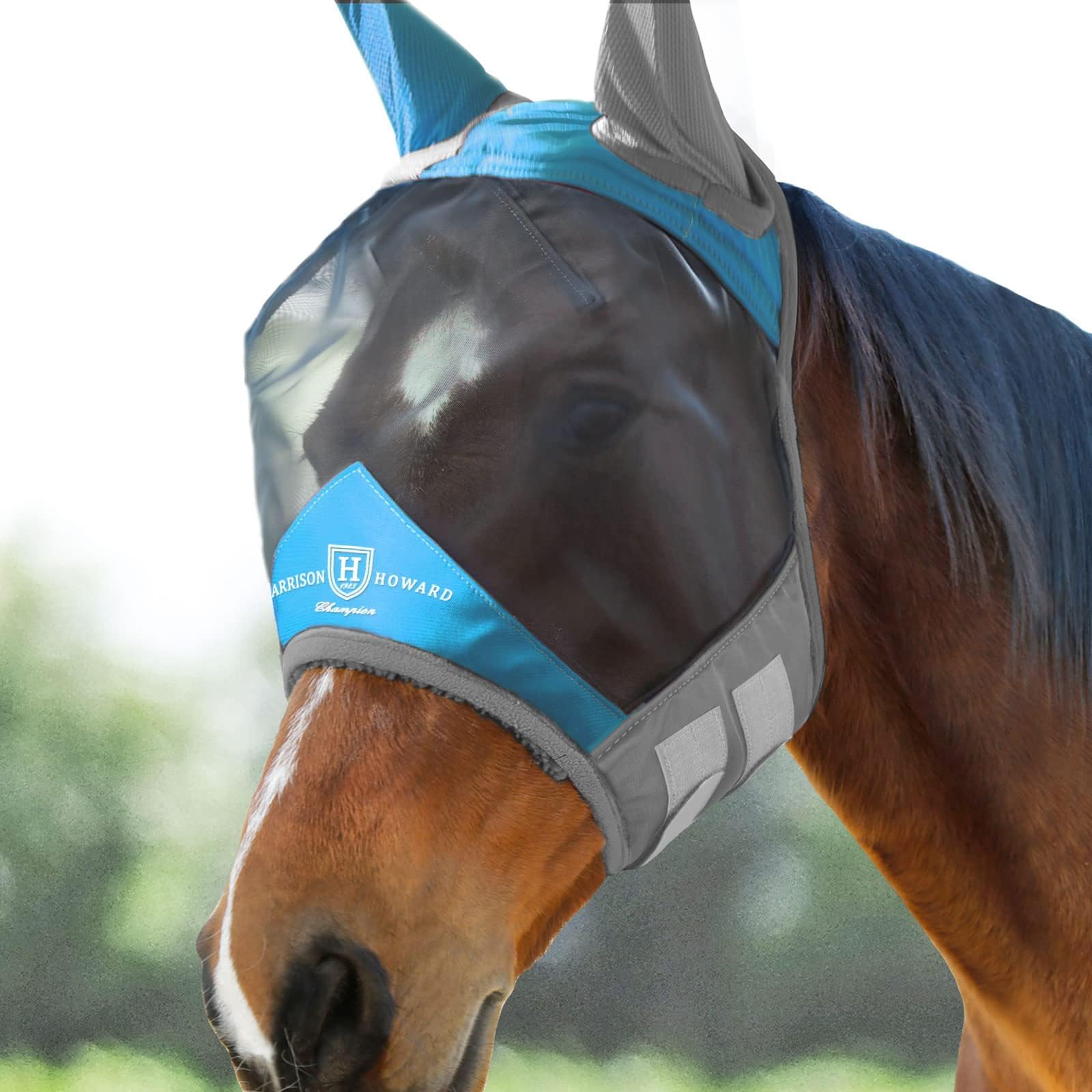 Photo 1 of Harrison Howard Pro Luminous Horse Fly Mask Standard with Ears UV Protection for Horse Azure Blue/Silver Small Pony
