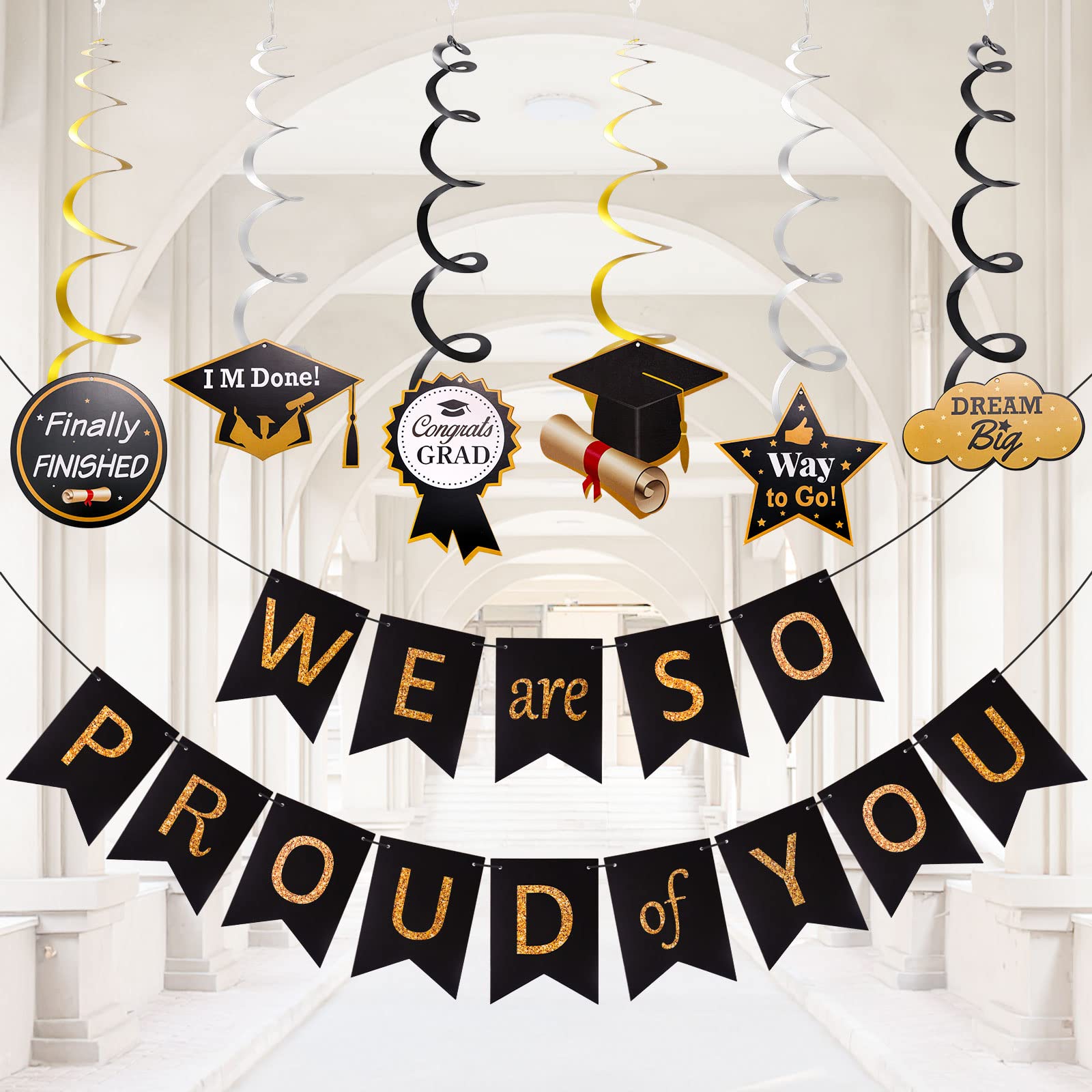 Dekewe 34 Pcs Graduation Party Banner Hanging With Gold and Silver Trim Congratulate Class of 2022 Bunting Banner Party Supplies